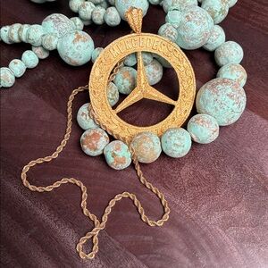 Gold Metal Mercedes Benz Logo Pendant Medallion and Chain Necklace